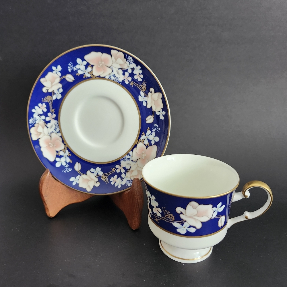 Vintage Mikasa Cobalt Blue Pink Floral August Moon Footed Cup & Saucer Set